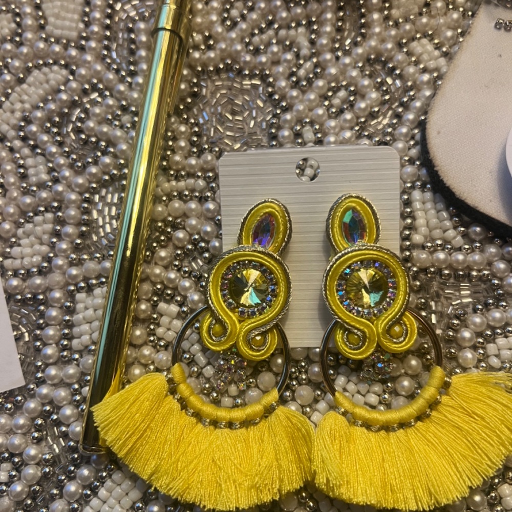 Yellow Tassel Statement Earrings - image 2